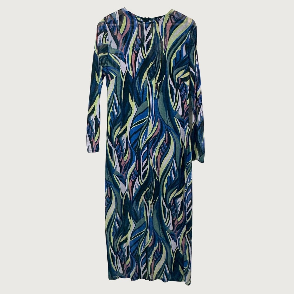 Donna Morgan Mesh Midi Dress 16 Multicolor Abstract Print Long Sleeve Sheath